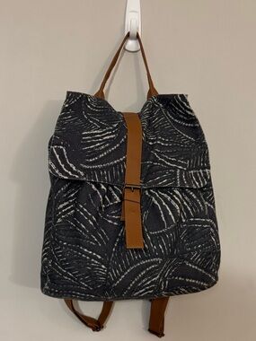Lu & Elle Gray Leaf Print Canvas Backpack Faux Leather Trim Boho Travel Bag